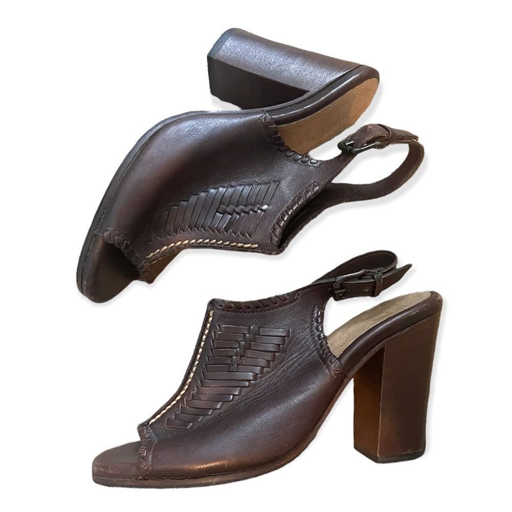 Frye Gail Ankle Strap brown leather Peep Toe Buckle Suede Heels Sandals sz 7 1/2
